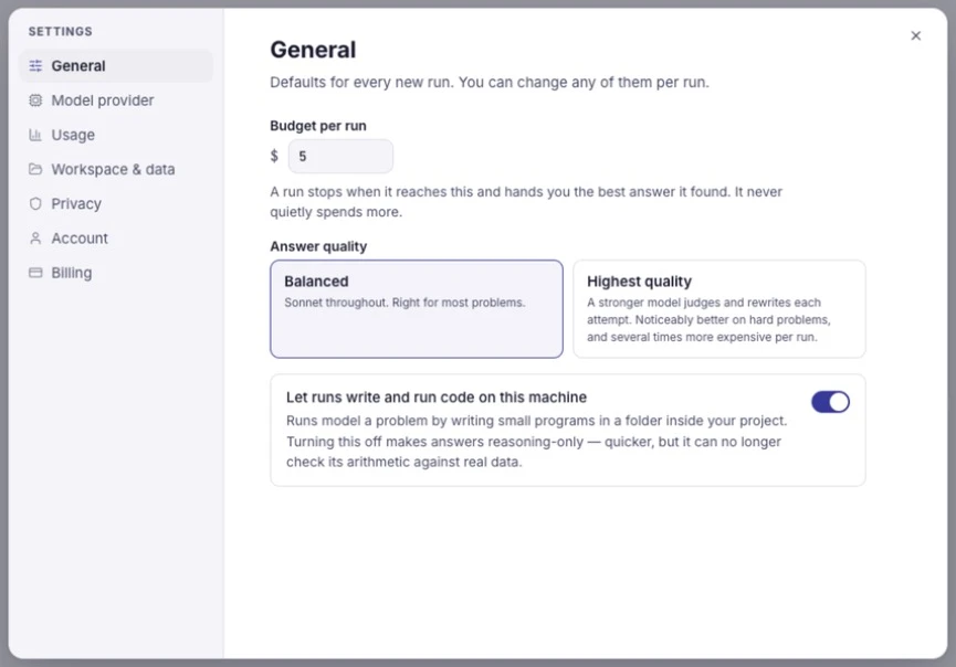ThinkerWave settings: a budget per run, a choice between balanced and highest quality, and permission to run code on your machine